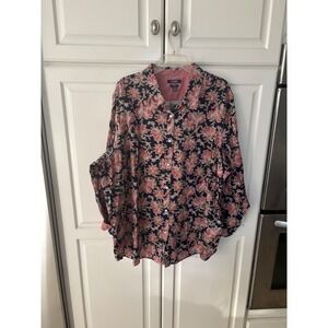 Chaps Womens 3X Navy Paisley Floral No Iron Cotton Button Down Shirt Blouse